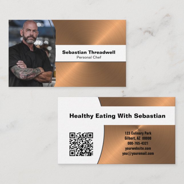 Personal Chef Brushed Copper Custom Photo QR Code Business Card (Front/Back)
