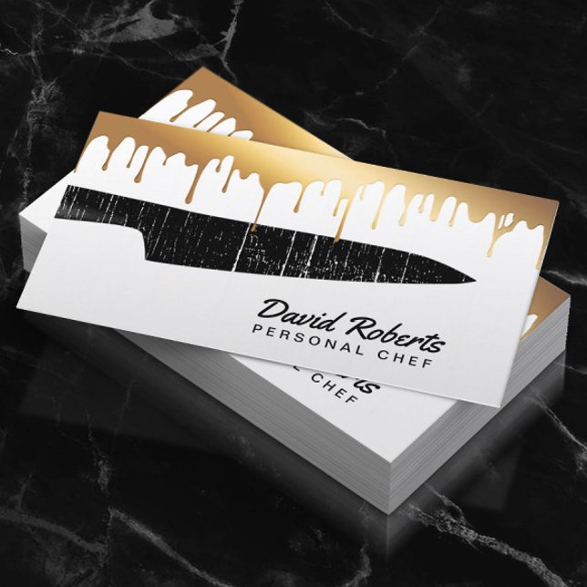 Personal Chef Catering Black Knife Chic Gold Drips Business Card (Creator Uploaded)
