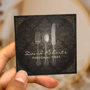 Personal Chef Catering Restaurant Vintage Damask Square Business Card