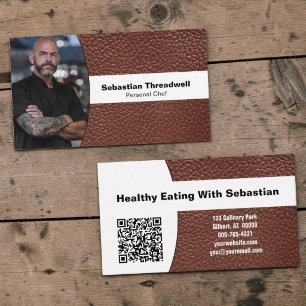 Personal Chef Custom Photo Brown Leather QR Code Business Card