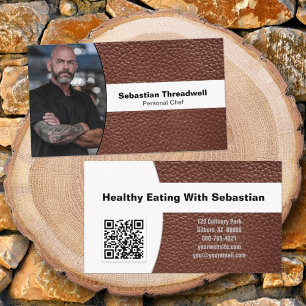 Personal Chef Custom Photo Brown Leather QR Code Business Card