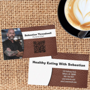 Personal Chef Custom Photo Brown Leather QR Code Business Card