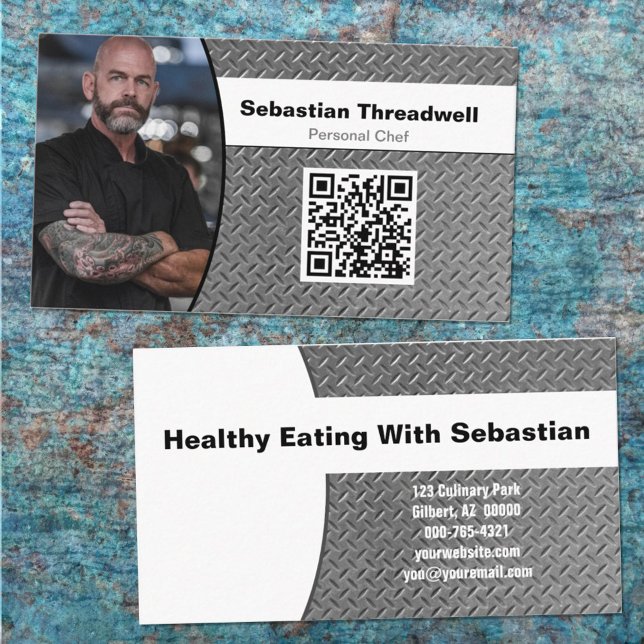 Personal Chef Diamond Plate Custom Photo QR Code Business Card (Creator Uploaded)