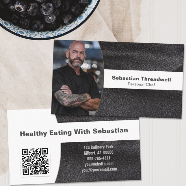 Personal Chef Leather Custom Photo QR Code Business Card (Creator Uploaded)