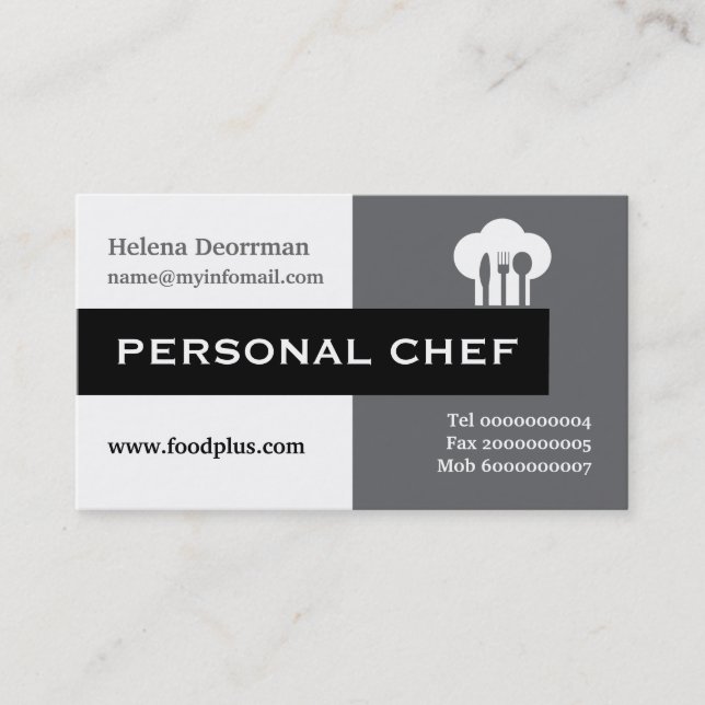 Personal chef minimalist grey, white, black business card (Front)