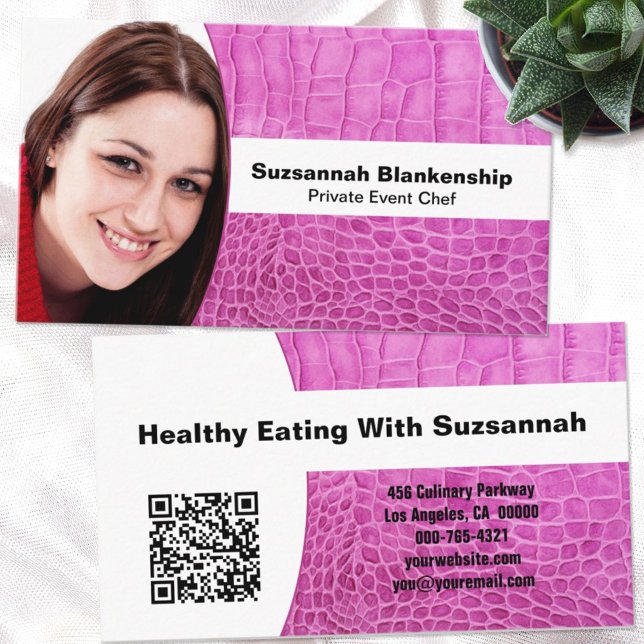 Personal Chef Pink Leather Custom Photo QR Code Business Card (Creator Uploaded)