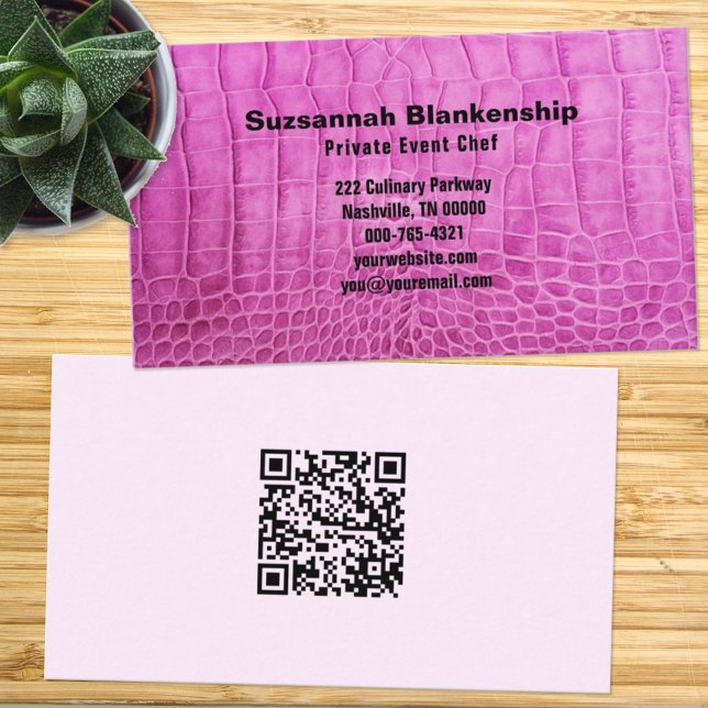 Personal Chef Pink Leather Texture QR Code Custom Business Card (Creator Uploaded)