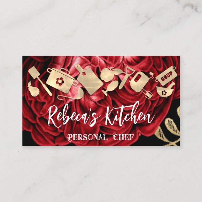 Personal Chef Restaurant Catering QR Logo Gold Red Business Card (Front)