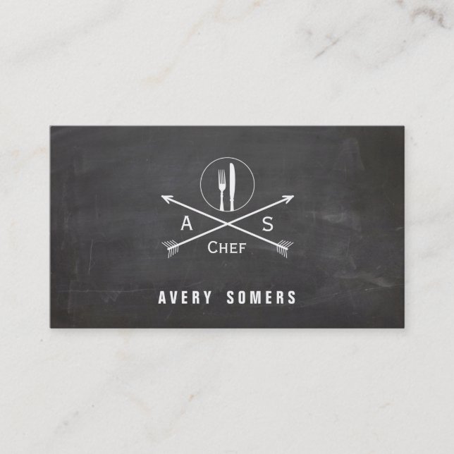 Personal Chef Retro Arrows and Cutlery Cool Black Business Card (Front)