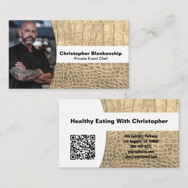 Personal Chef Tan Snake Skin Custom Photo QR Code  Business Card (Front/Back)