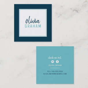PERSONAL CONTACT bold border aqua dark navy blue Square Business Card