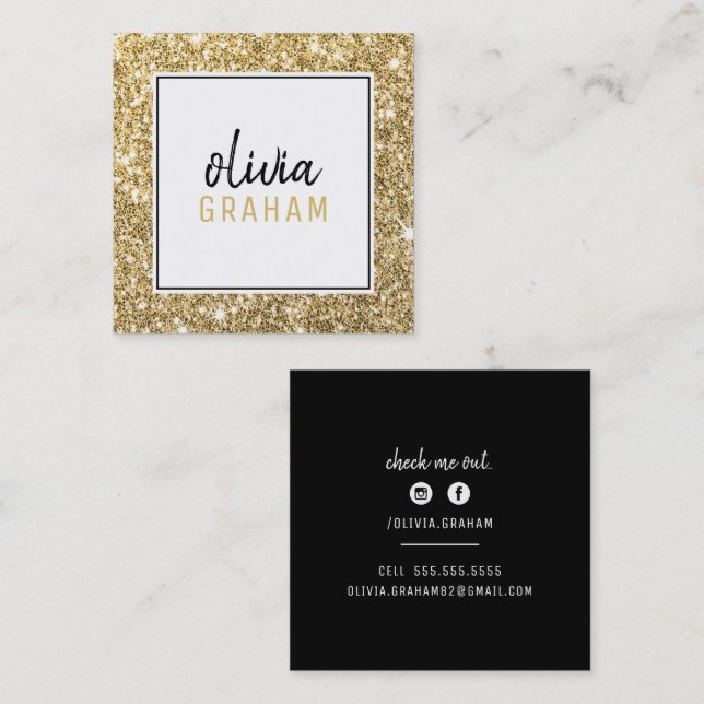PERSONAL CONTACT bold border black gold glitter Square Business Card (Front/Back)
