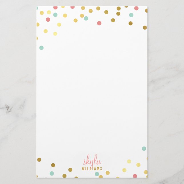 PERSONAL cute glamourous gold coral mint confetti Stationery (Front)
