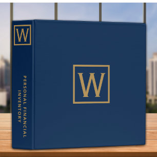 Personal Financial Inventory Gold Monogram Blue Binder
