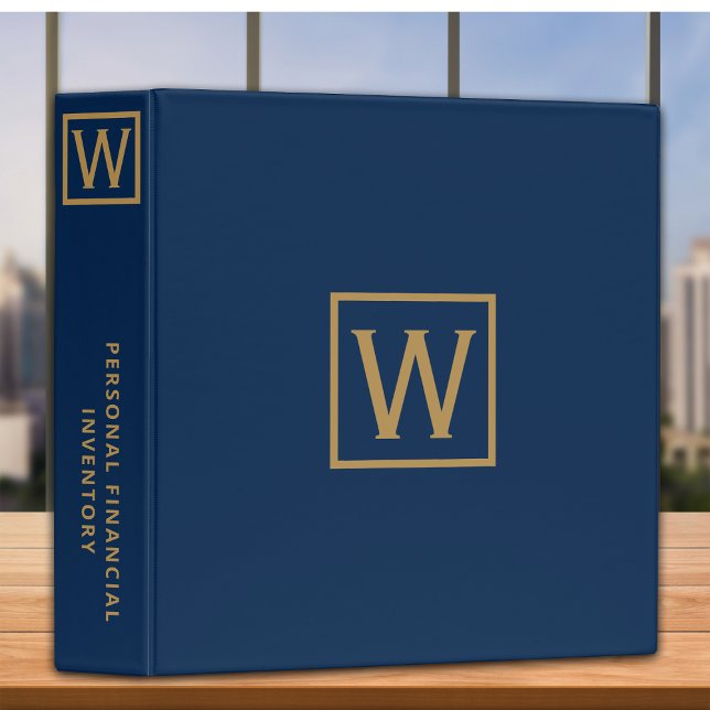 Personal Financial Inventory Gold Monogram Blue Binder (Creator Uploaded)