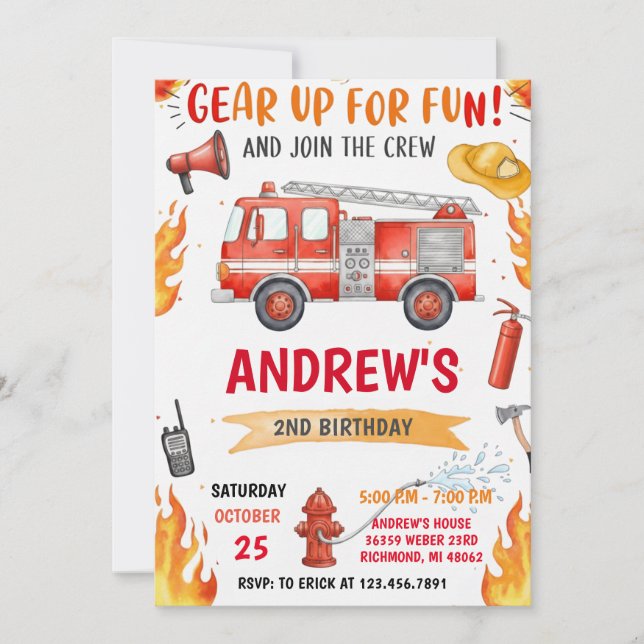 Personal FireFigher truck Birthday with image Invitation (Front)