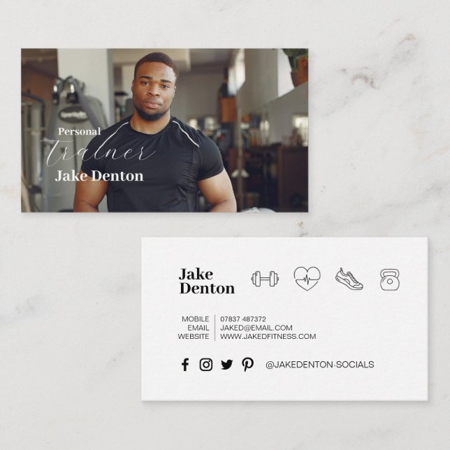 Personal Fitness Photo Modern Trainer Trendy Business Card (Front/Back)