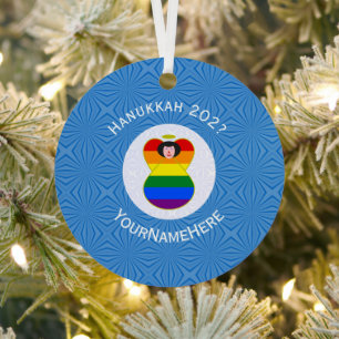 Personal Gay Pride Angel Black Hair Hanukkah Flag Metal Ornament