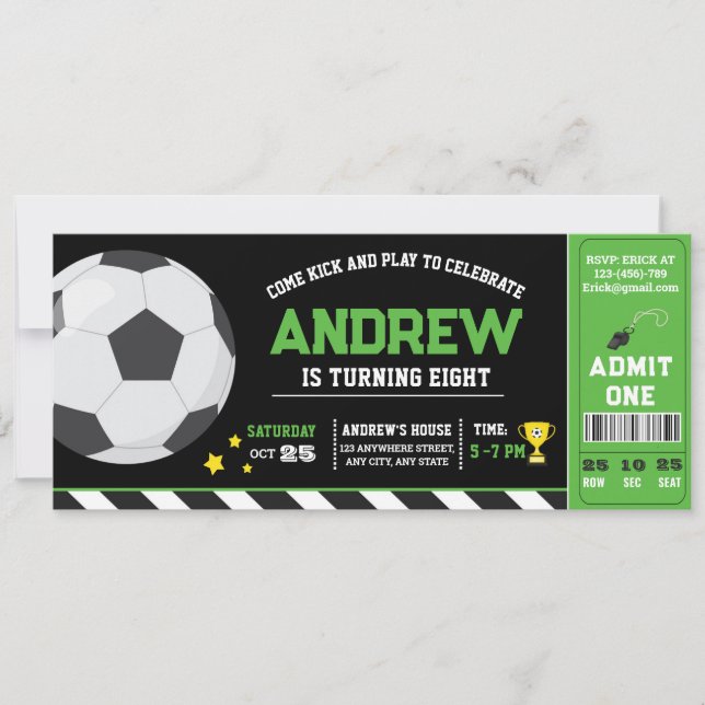 Personal Green modern Soccer Ticket Birthday Invitation (Front)