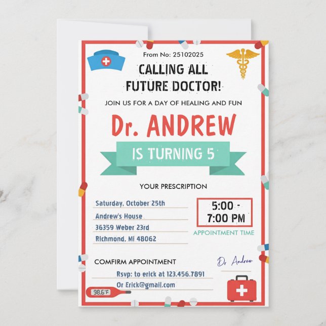 Personal Kids Doctor Pretend Birthday Party Invitation (Front)