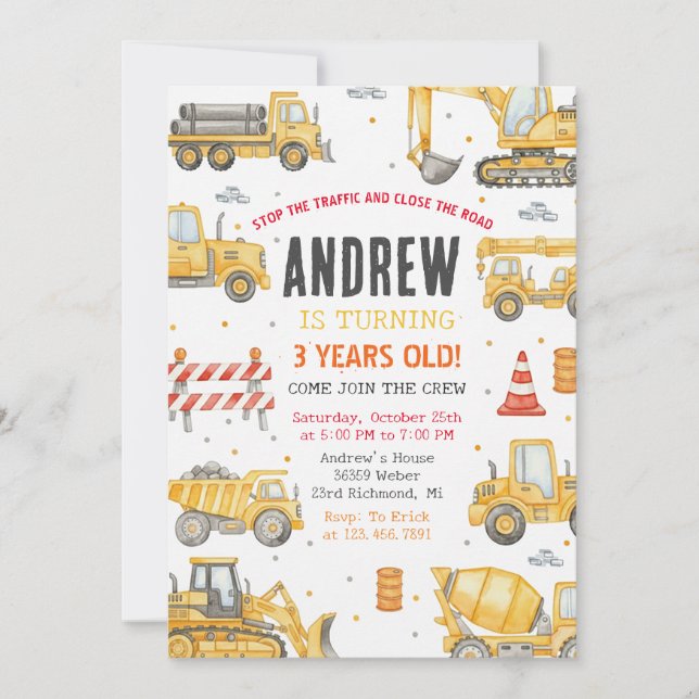 Personal Modern Birthday Party Construction  Invitation (Front)