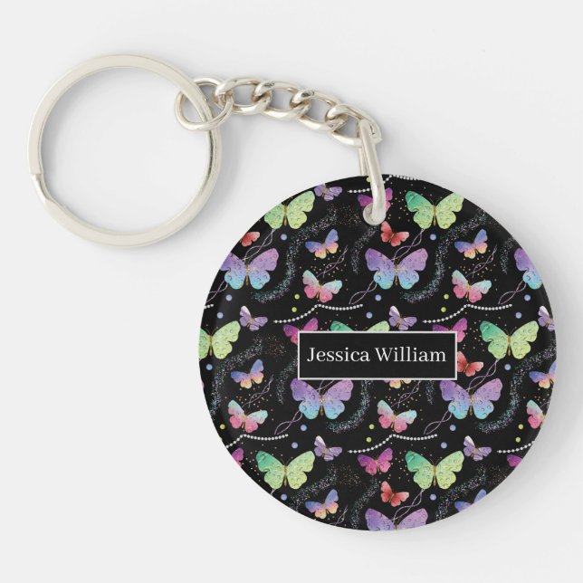 Personal Name Elegant Purple Bright Butterflies Ke Keychain (Front)