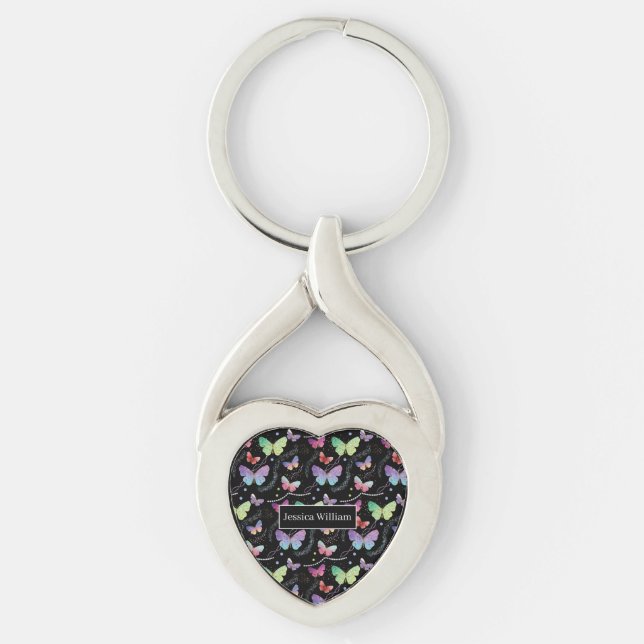 Personal Name Elegant Purple Bright Butterflies  Keychain (Front)