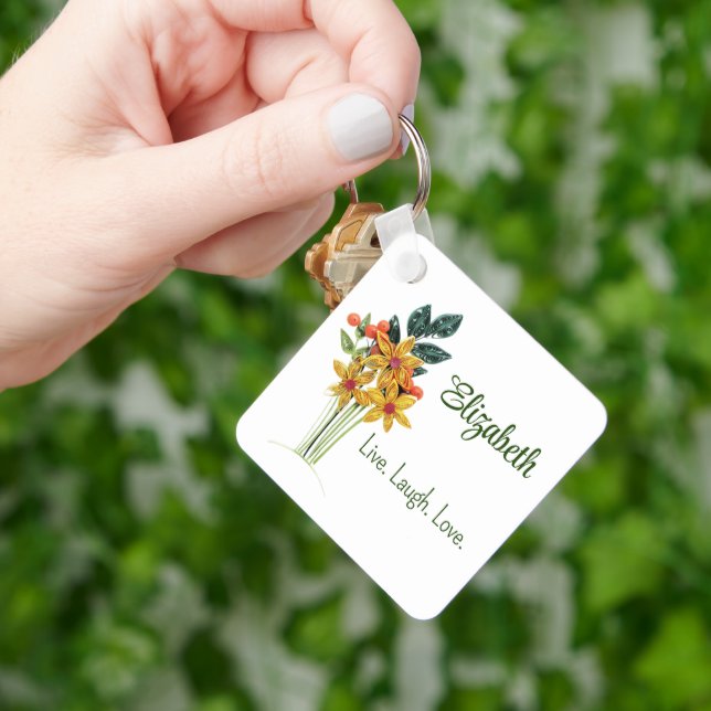 Personal Name, Quote, Paper Quilled Flowers, Metal Keychain (Hand)