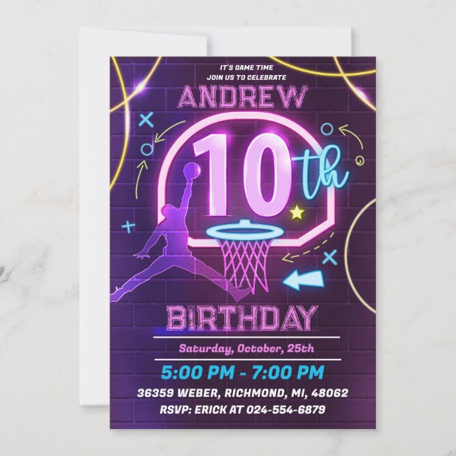 Personal Neon Basketball 10th Birthday Party Invitation (Front)