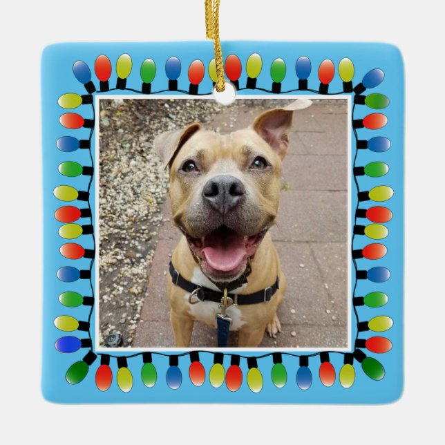 Personal Photo Party Lights Blue Double Sided  Ceramic Ornament (Front)