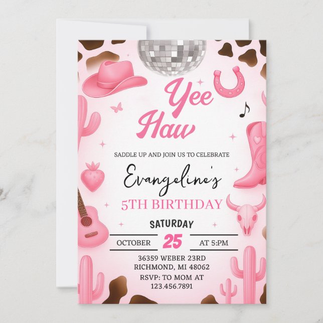 Personal Pink Space Cowgirl Disco Rodeo Birthday  Invitation (Front)