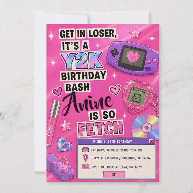 Personal Pink Y2K Birthday Invitation (Front)