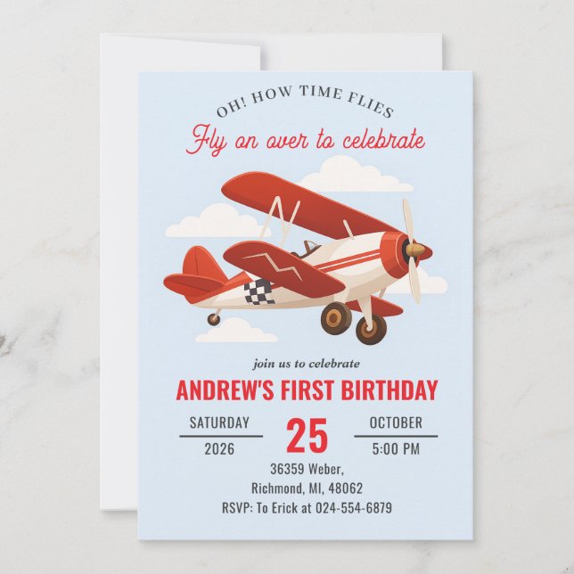 Personal red Airplane 1st Birthday party Invitation (Front)