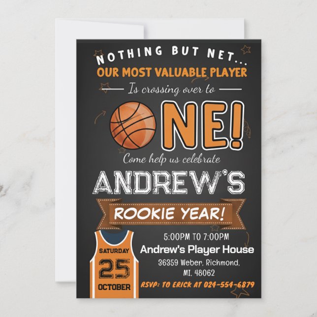 Personal Rookie Year First Birthday Basketball Invitation (Front)