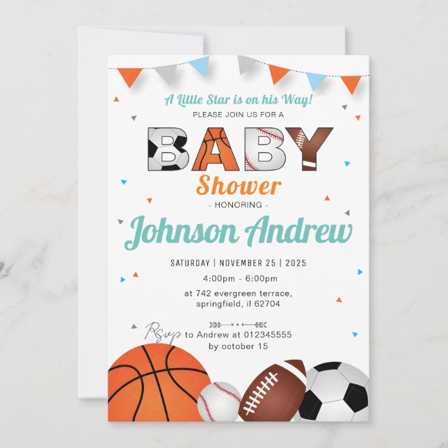 Personal Simple Sports All-Star Baby Shower White Invitation (Front)