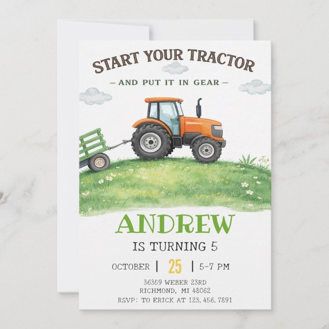 Personal simple Tractor Birthday Invitation (Front)