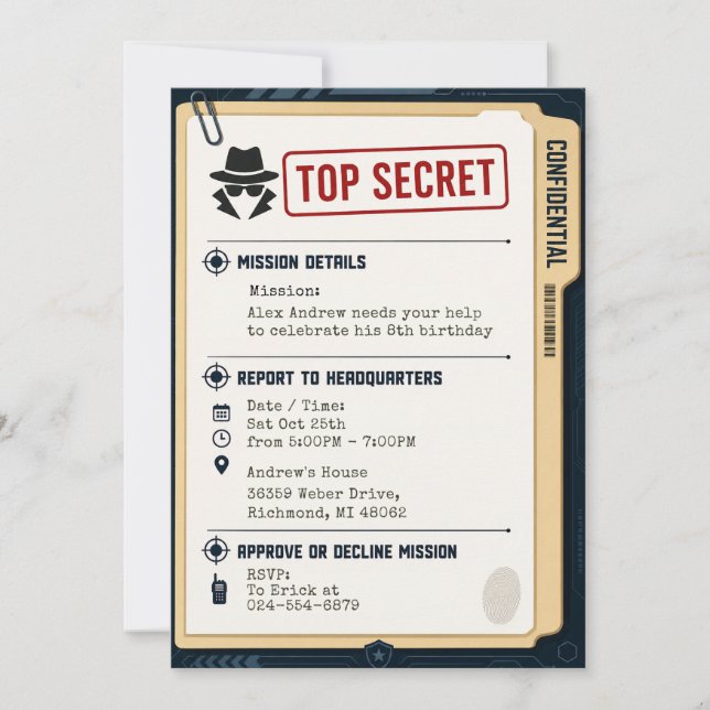 Personal Spy Birthday Party Invitation (Front)