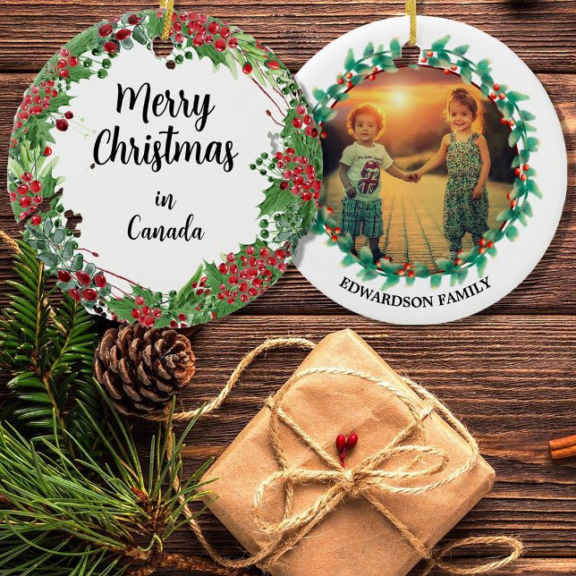 Personal state country town photo Merry Christmas Ceramic Ornament (Unique personal Merry Christmas state/country/town ornament. Add your own country, photo and name.)