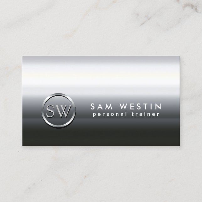 Personal Trainer Faux Chrome Monogram Business Card (Front)