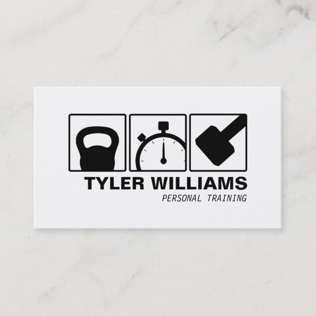 Personal Trainer Kettlebell, Dumbbell, Stopwatch 2 Business Card (Front)