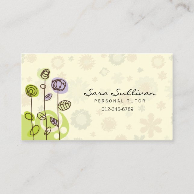 Personal Tutor Business Card Doodle Line Flowers (Front)