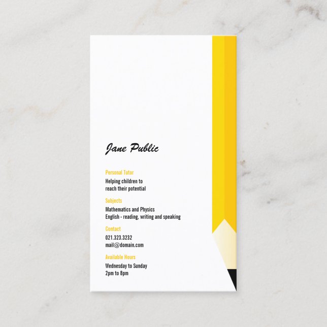 Personal Tutor Teacher Pencil Business Card (Front)