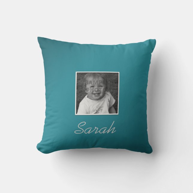 Personal Two Custom Photos and Custom Text on Teal Throw Pillow (Front)