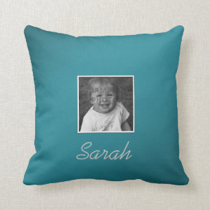 Personal Two Custom Photos and Custom Text on Teal Throw Pillow
