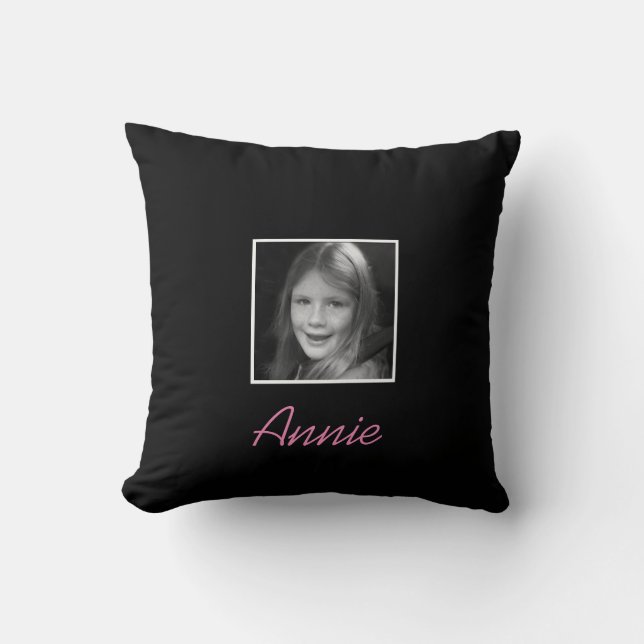 Personal Two Custom Photos Custom Text on Black Throw Pillow (Front)