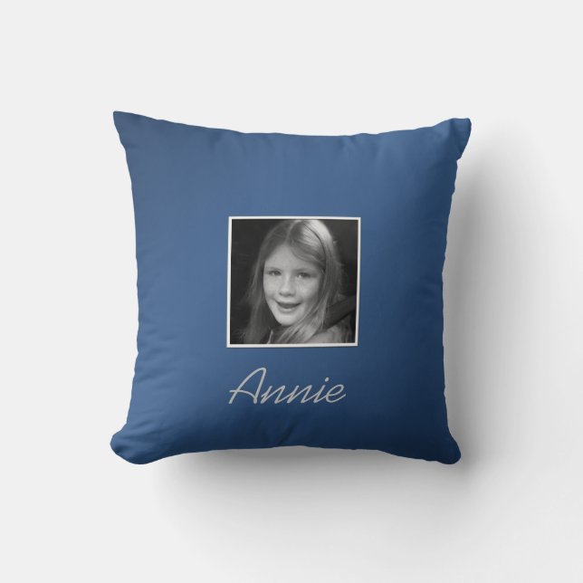 Personal Two Custom Photos Custom Text on Blue Throw Pillow (Front)
