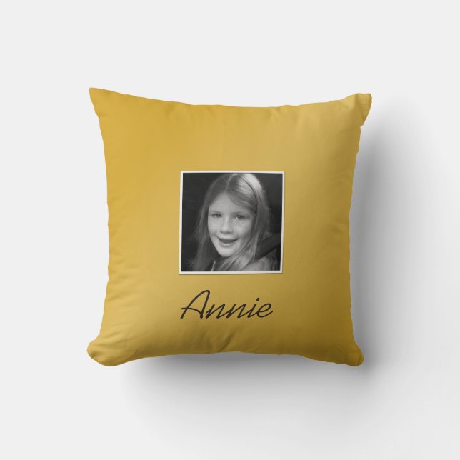 Personal Two Custom Photos Custom Text on Gold Throw Pillow (Front)