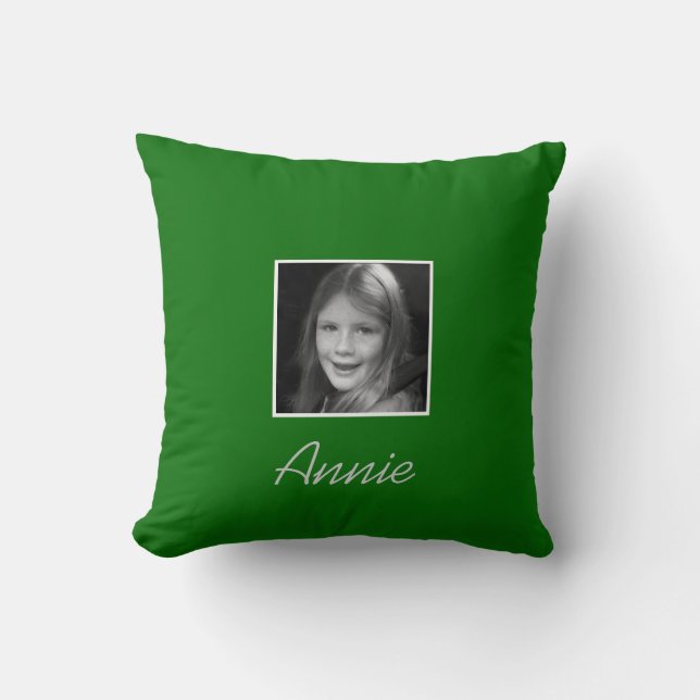 Personal Two Custom Photos Custom Text on Green Throw Pillow (Front)