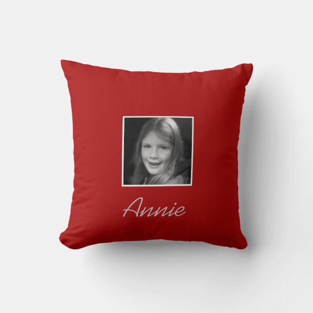 Personal Two Custom Photos Custom Text on Red Throw Pillow (Front)