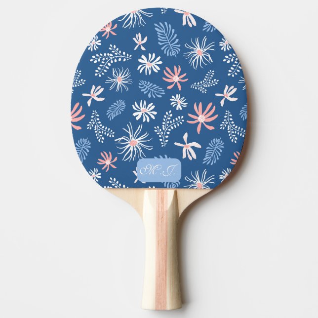 Personal unique stylish blue & pink floral  ping pong paddle (Front)